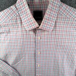 David Donahue Dress Shirt Men 17.5 34/35 Pink Blue Check Button Up Cotton Adult